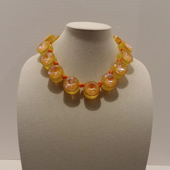 Handmade Crystal Necklace Iridescent Yellow Orange Neon Mixed Media - Picture 3 of 6